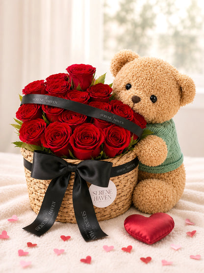 Serene Haven Teddy Haven 花禮籃，紅玫瑰配可愛小熊。Romantic rose hamper with teddy bear by Serene Haven.