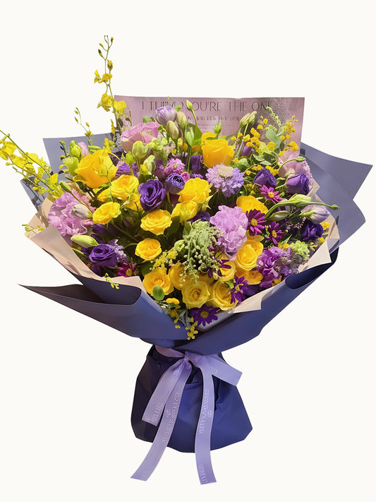 The Perfect Moment anniversary bouquet 黃紫花束 with vibrant yellow roses & purple blooms｜Serene Haven Floristry