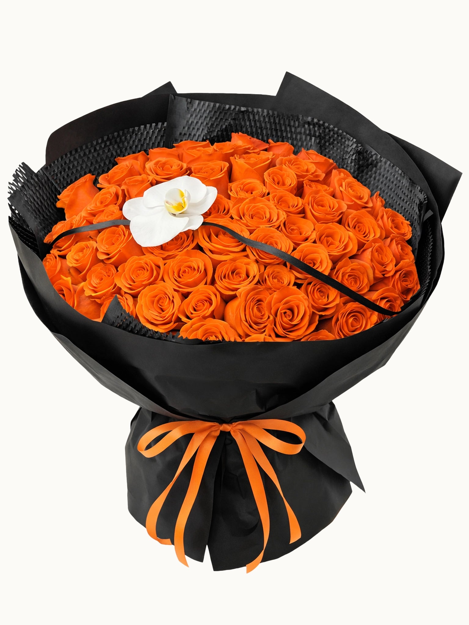 Timeless Elegance 橙玫瑰與白蝴蝶蘭鮮花花束，fresh orange rose and white Phalaenopsis orchid bouquet