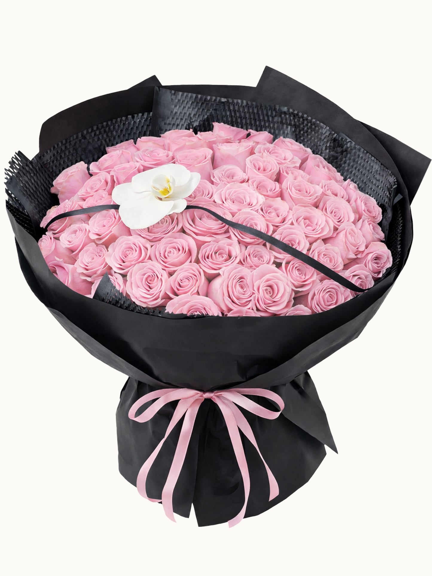 Timeless Elegance 粉紅玫瑰與白蝴蝶蘭鮮花花束，fresh pink rose and white Phalaenopsis orchid bouquet