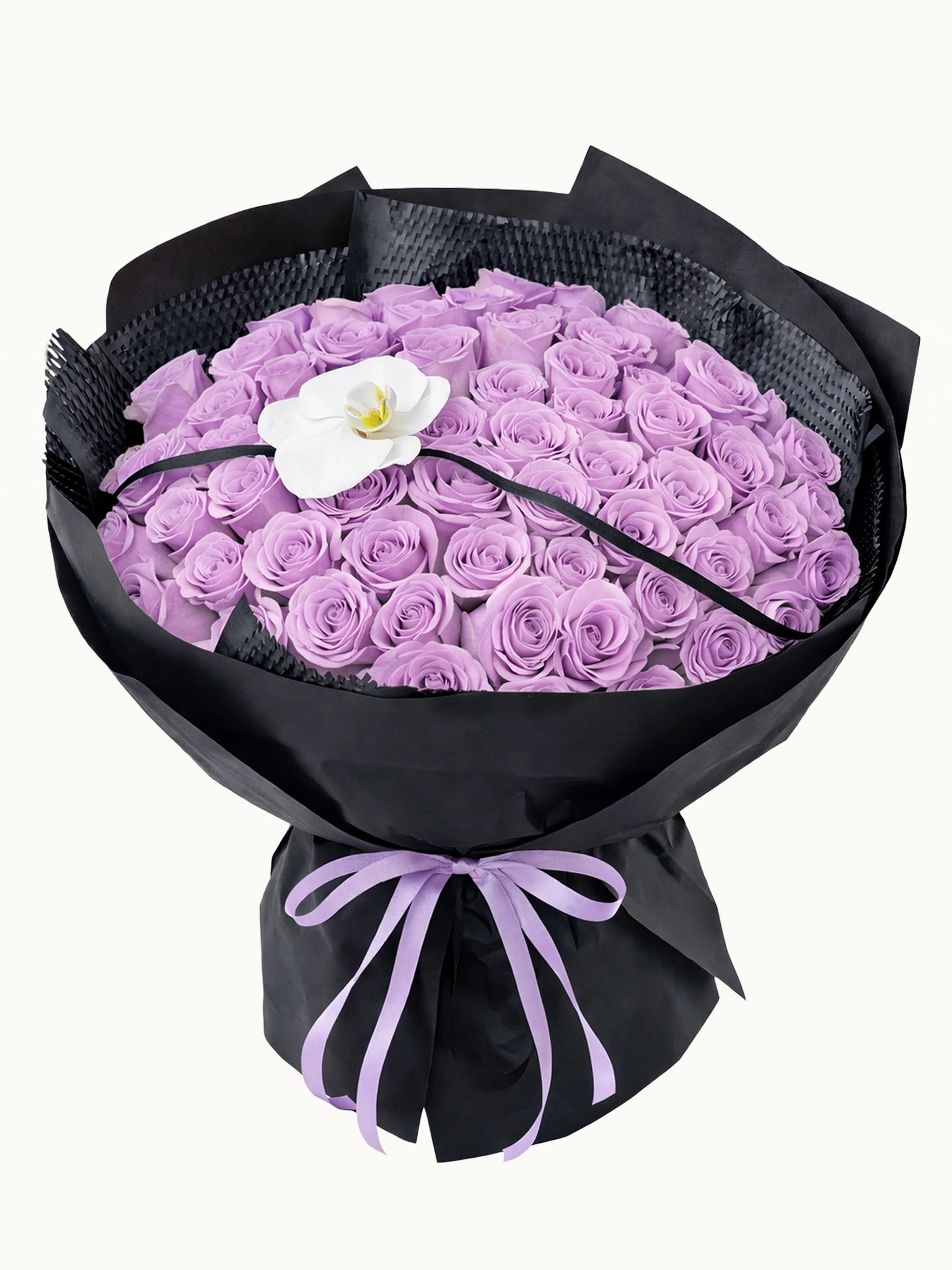 Timeless Elegance 紫玫瑰與白蝴蝶蘭鮮花花束，fresh purple rose and white Phalaenopsis orchid bouquet
