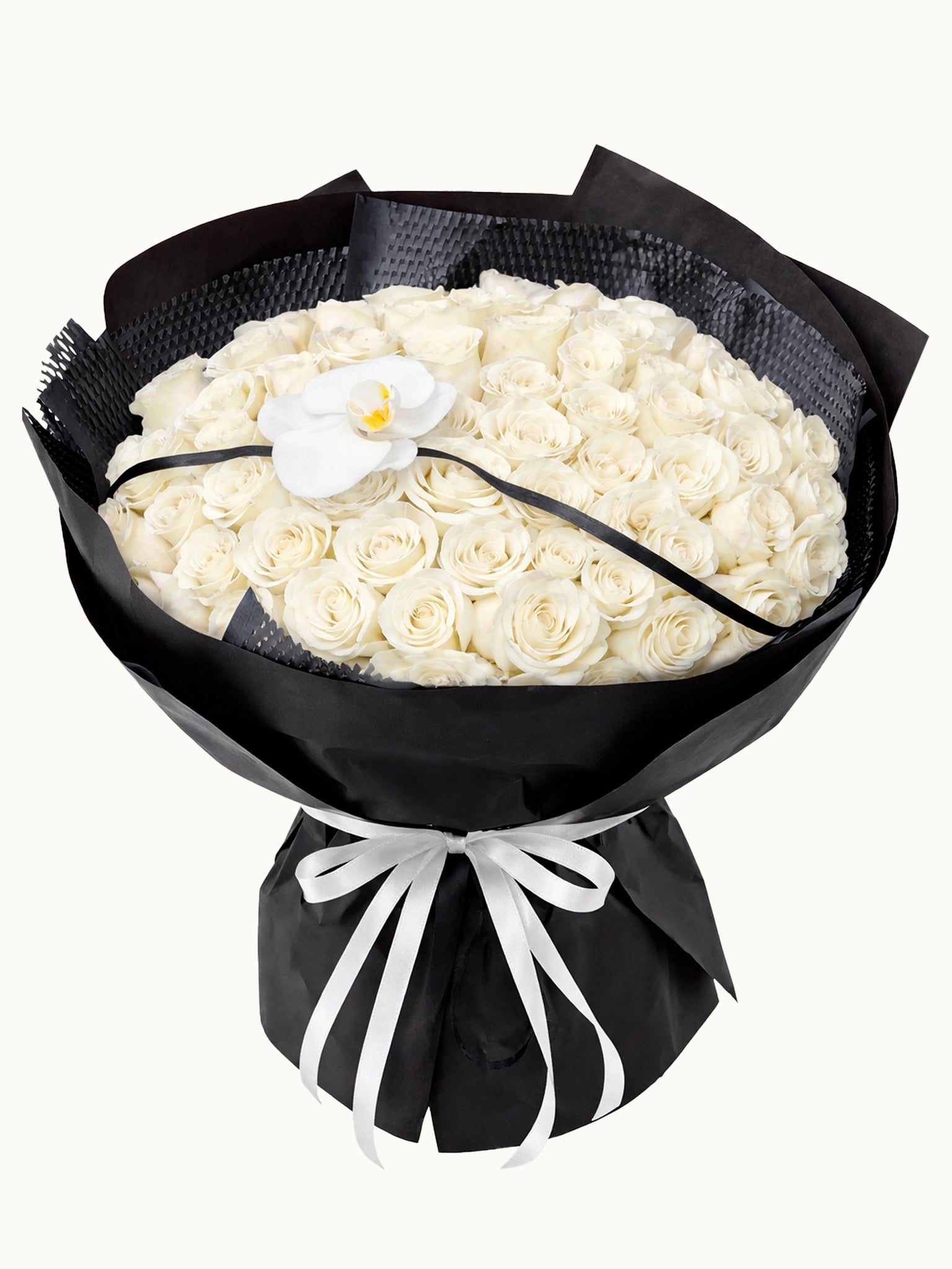 Timeless Elegance 白玫瑰與白蝴蝶蘭鮮花花束，fresh white rose and white Phalaenopsis orchid bouquet