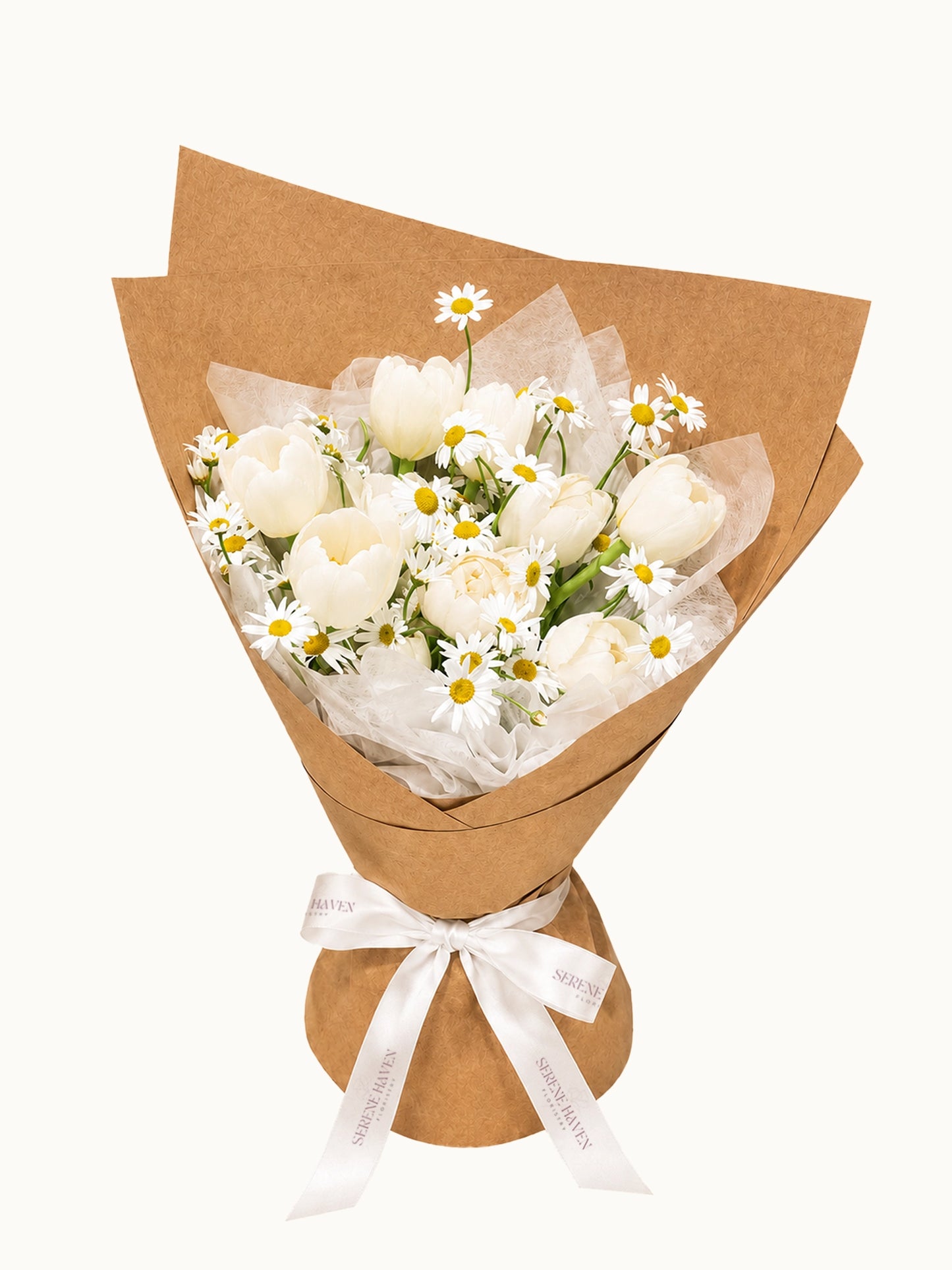 Tulip Melody 白色鬱金香花束, white tulips bouquet with chamomile, choose any of 6 tulip colours and multiple stem options