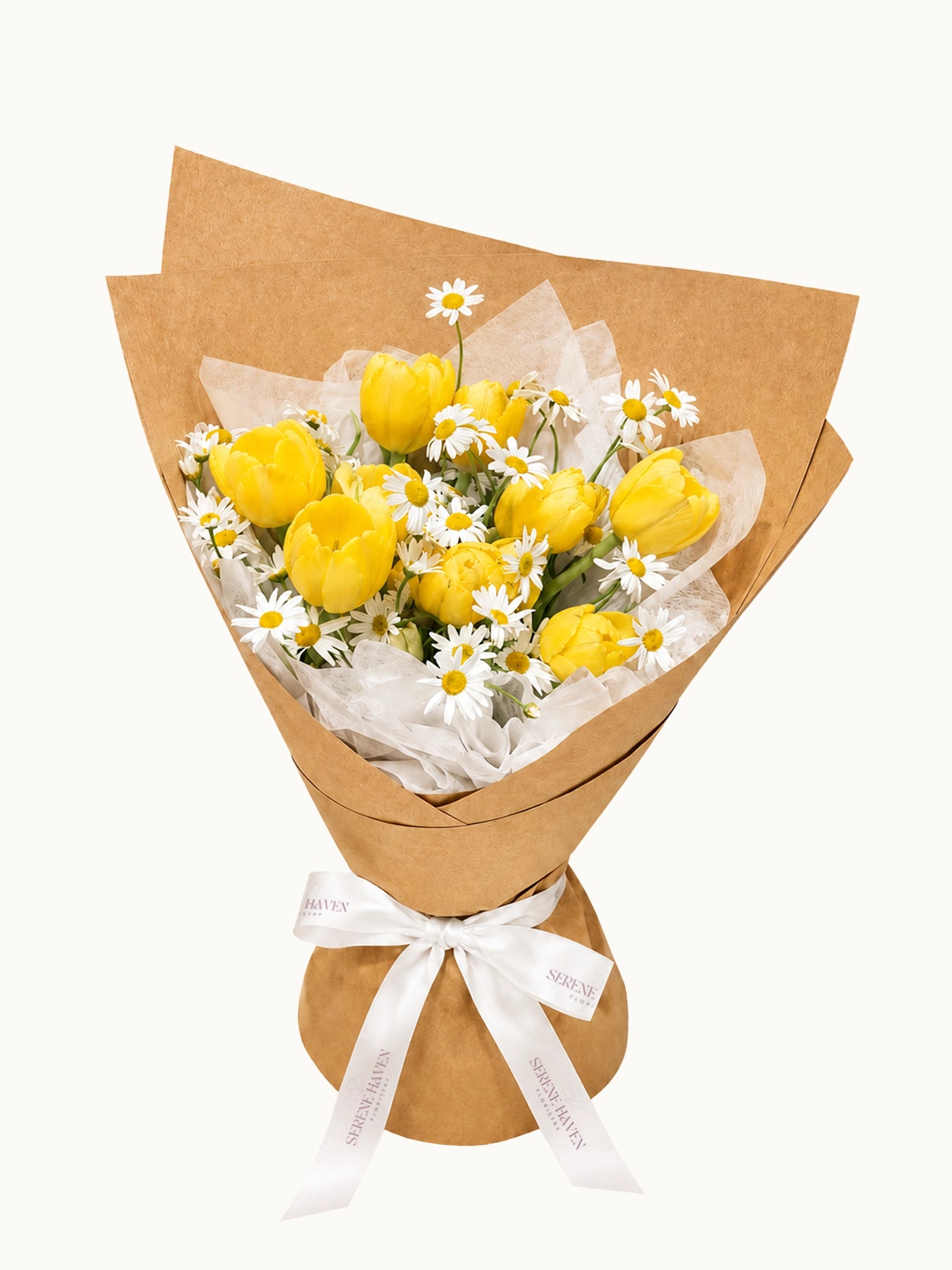 Tulip Melody 黃色鬱金香花束, yellow tulips with chamomile bouquet, kraft wrapping, Hong Kong florist
