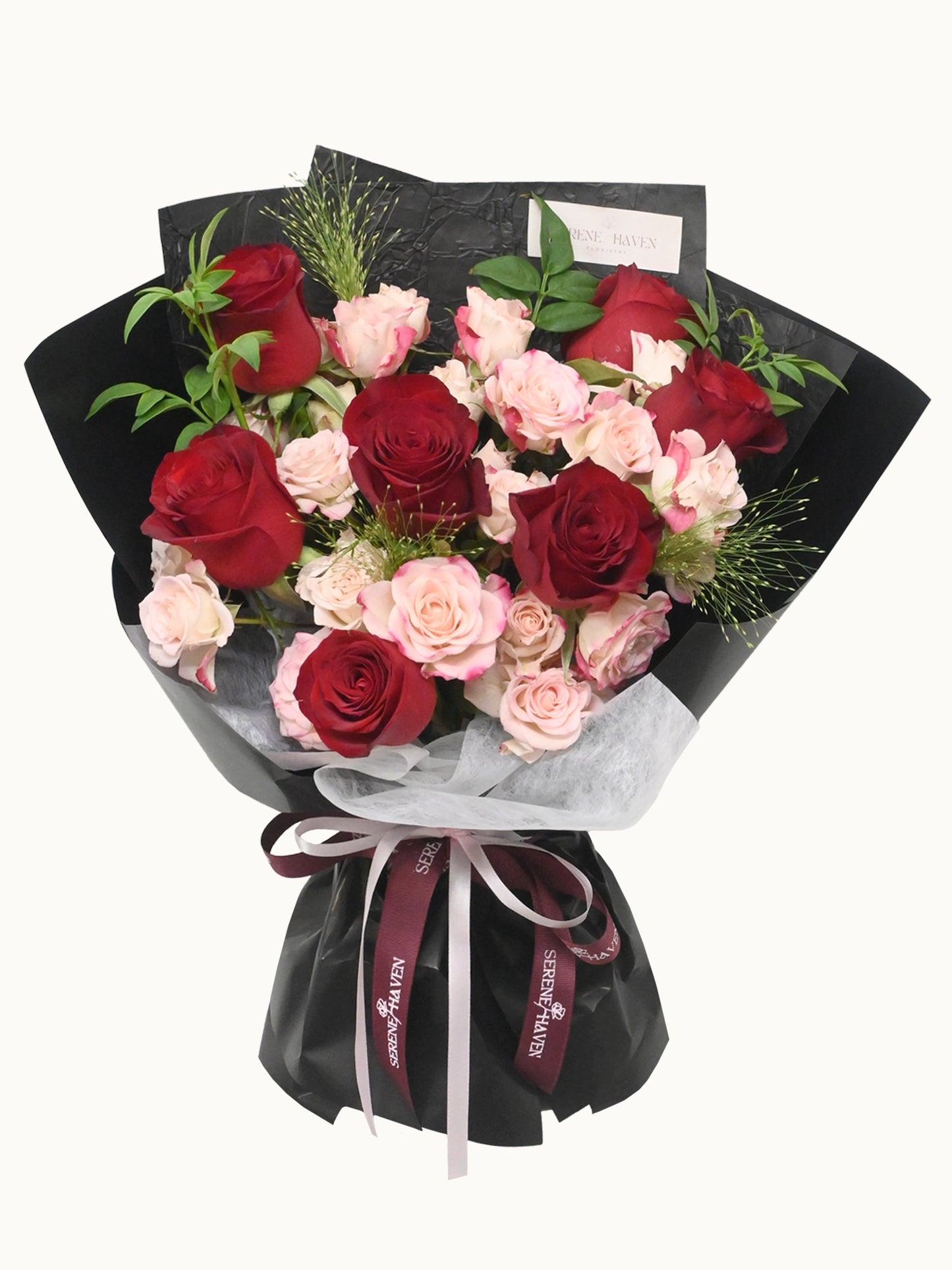 Two Souls romantic bouquet，紅玫瑰配粉色多頭玫瑰鮮花花束