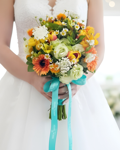 Serene Haven Vows 新娘花球，向日系暖色花材細節。Bright bridal bouquet details by Serene Haven.