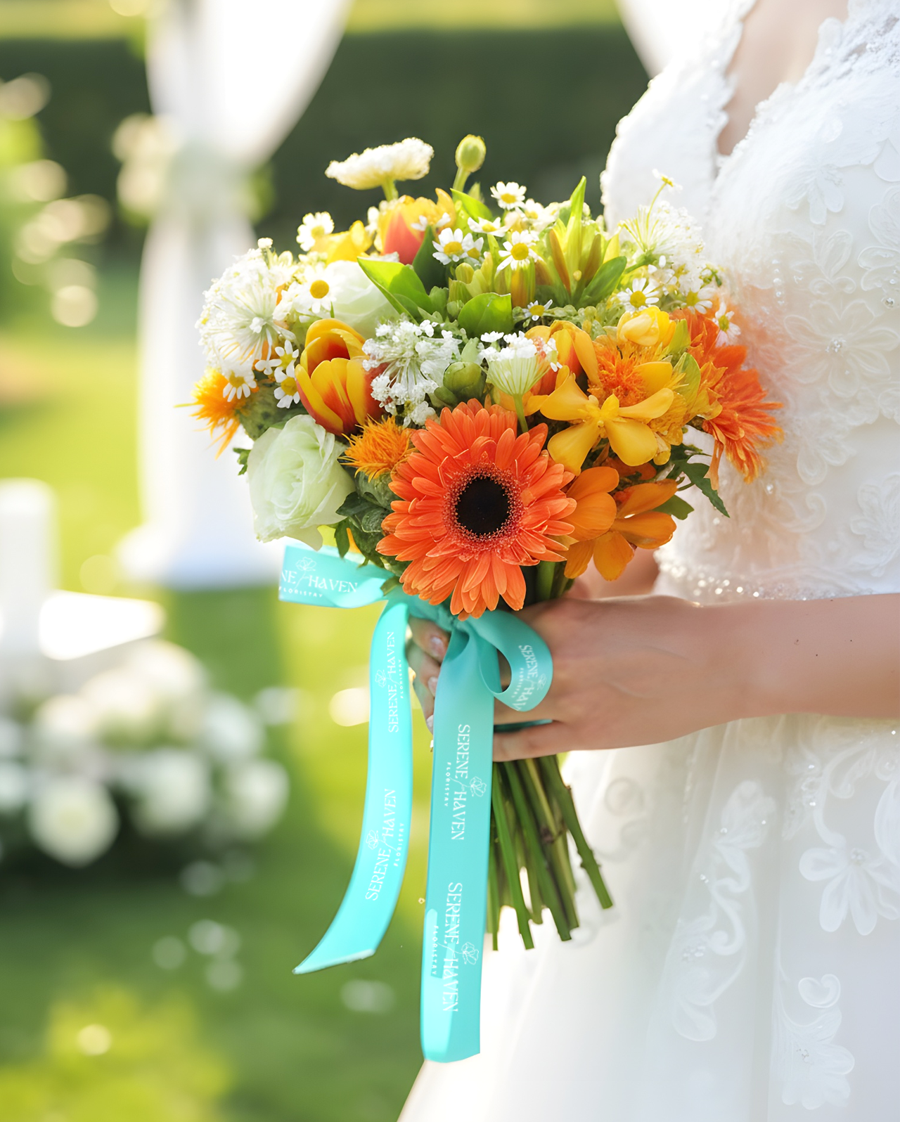 Serene Haven Vows 新娘花球，向日系暖色花材設計。Bright bridal bouquet with cheerful seasonal blooms by Serene Haven.