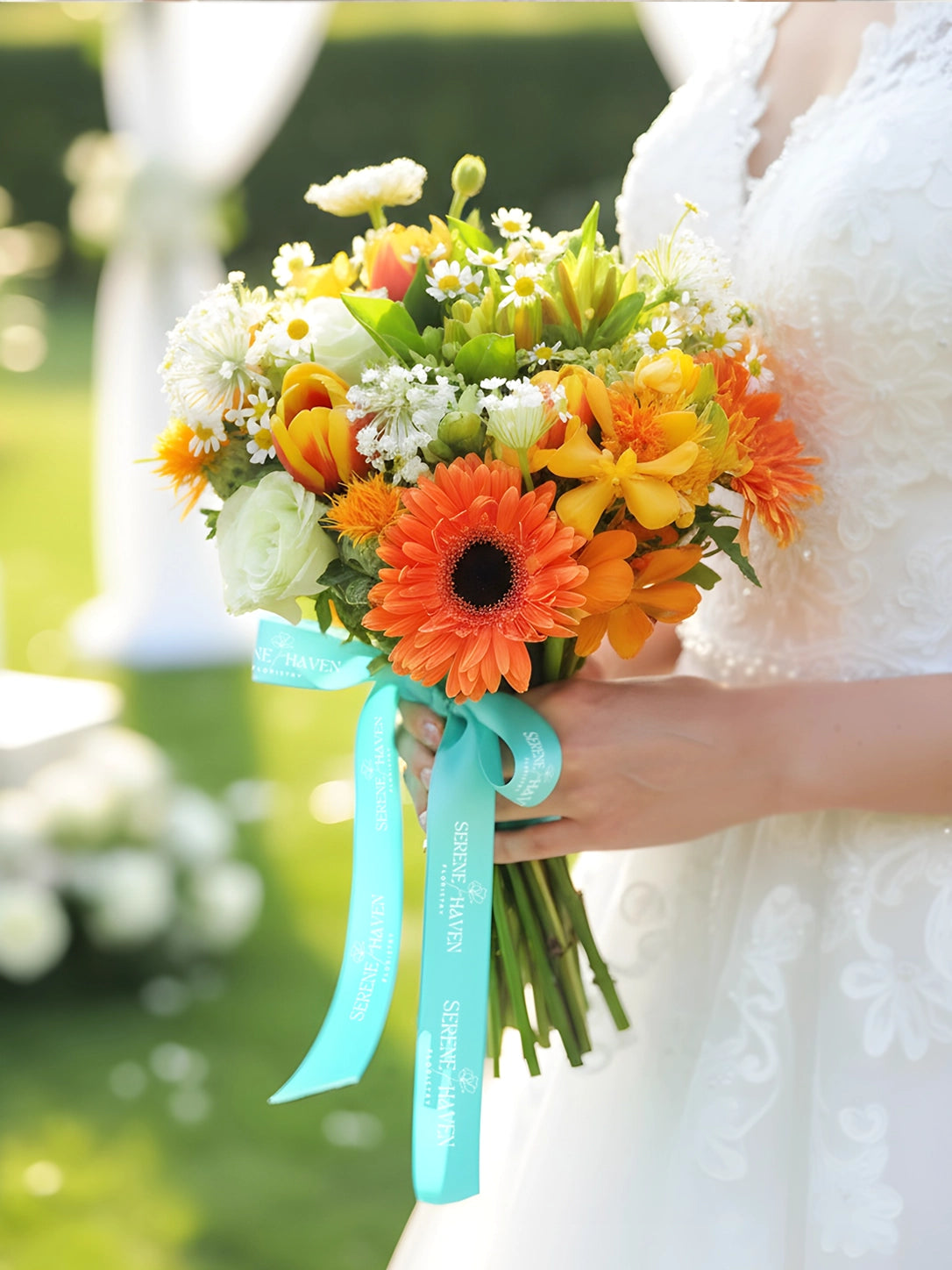 Serene Haven Vows 新娘花球，向日系暖色花材設計。Bright bridal bouquet with cheerful seasonal blooms by Serene Haven.