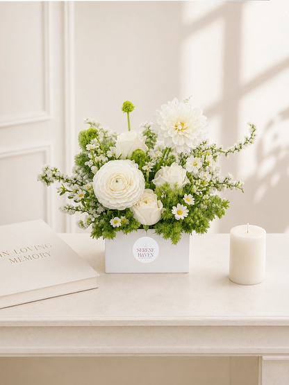 White Remembrance Table Arrangement 正面產品照，ivory roses、white seasonal blooms and fresh greenery in an elegant sympathy arrangement