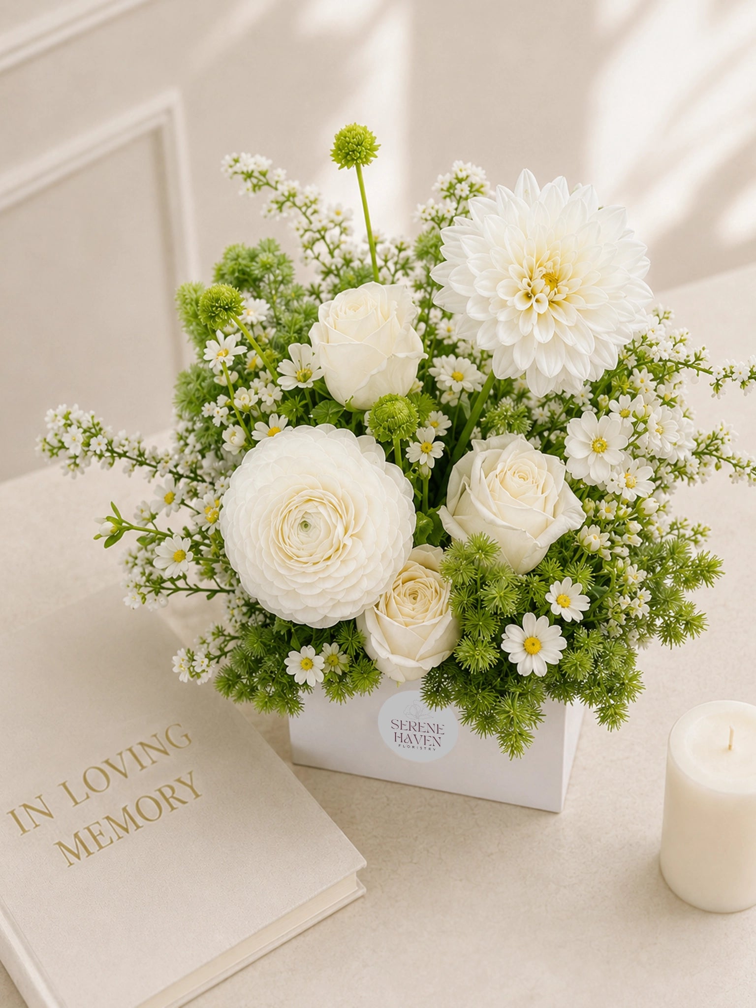 White Remembrance Table Arrangement 擺放於室內紀念空間，elegant white sympathy flowers creating a peaceful and comforting atmosphere